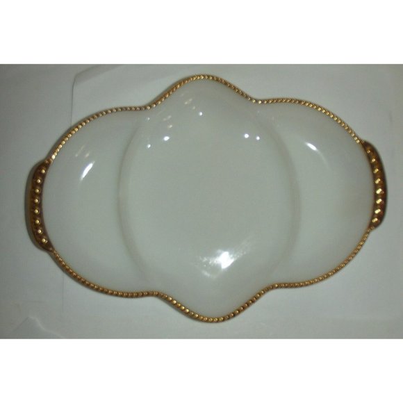 Fire King Oven Ware Divided White Milk Glass Gold Trim Dish vtg Anchor Hocking - Picture 1 of 7
